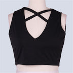Solid Color Women's Crop Top with Cross Hollow Design