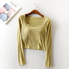 Autumn Square Neck Long Sleeve Crop Top with Pad
