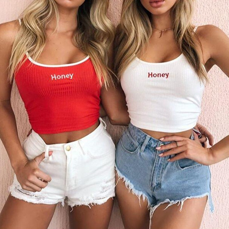 Letter Embroidered Crop Top with Spaghetti Straps