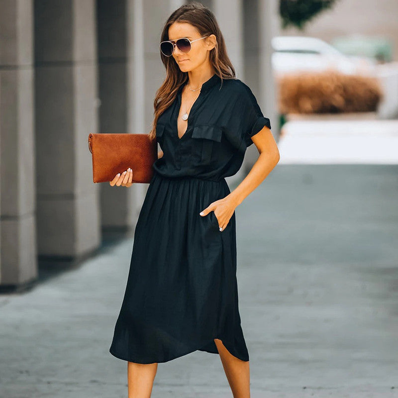 Deep V-Neck Beach Cover-Up Dress with Pockets