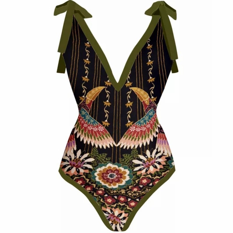 Women's Boho Bird Floral One-Piece Swimsuit with Cover-Up Skirt
