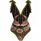 Women's Boho Bird Floral One-Piece Swimsuit with Cover-Up Skirt