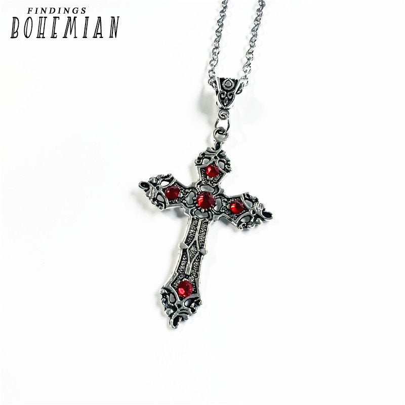 Large Silver Baroque Christian Cross Necklace with Crystals | Christian Jewelry