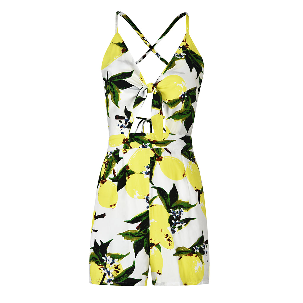 Women's Mango Print Strappy Bow Tie Jumpsuit Shorts
