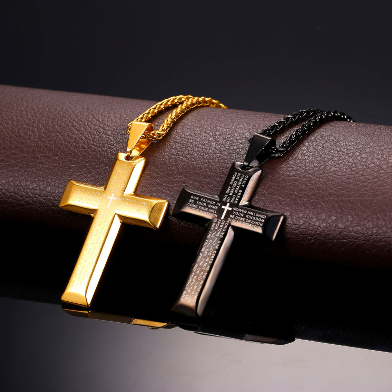 Cross Necklace with Jesus and Bible Verse Design