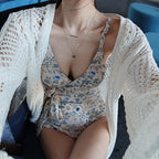 Leaf Print Skirted V-Neck One-Piece Swimsuit