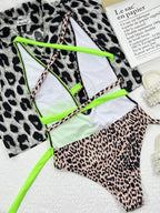 Women's Neon Green and Leopard Deep-V One-Piece Swimsuit