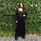 Black Open-Knit Long Sleeve Maxi Beach Cover-Up