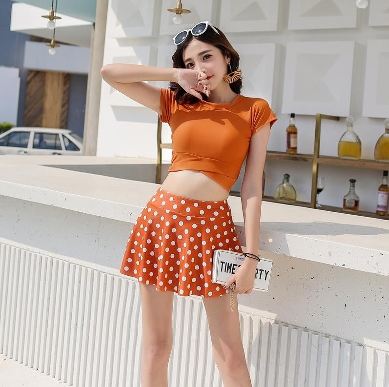 Women's Modest Short-Sleeve Top and Polka Dot Skirted Swimsuit