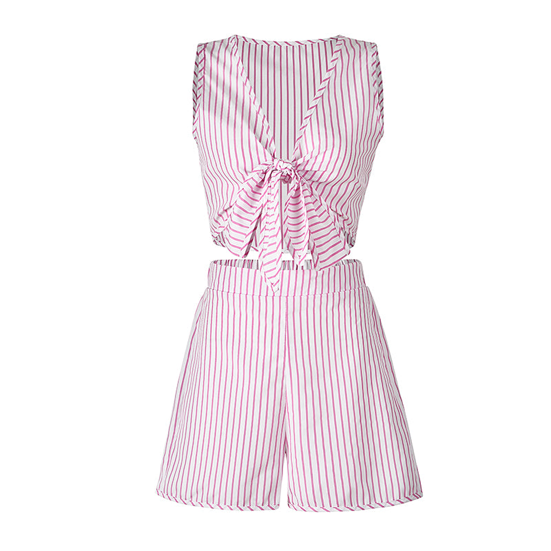 LIVA Women's Summer Striped V-Neck Top and Shorts Set
