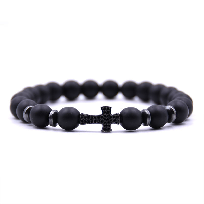 Black Frosted Stone Bracelet with Zircon Cross Inlay