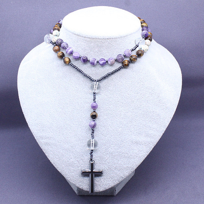 Rosary Necklace with Amethyst and Tiger Eye Stones | Christian Jewelry