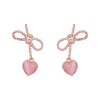 Silver Pink Heart Cat Eye Bow Earrings for Women