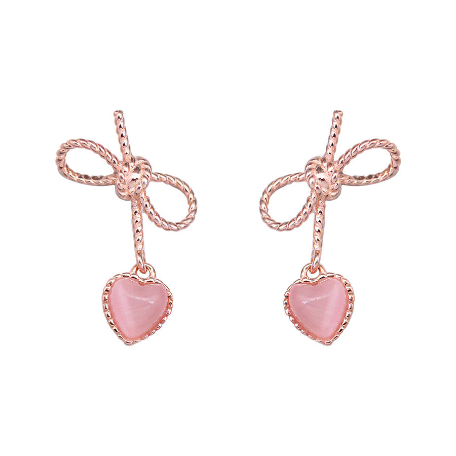 Silver Pink Heart Cat Eye Bow Earrings for Women