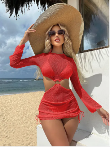 Knit Long-Sleeve Cutout Beach Cover-Up Dress