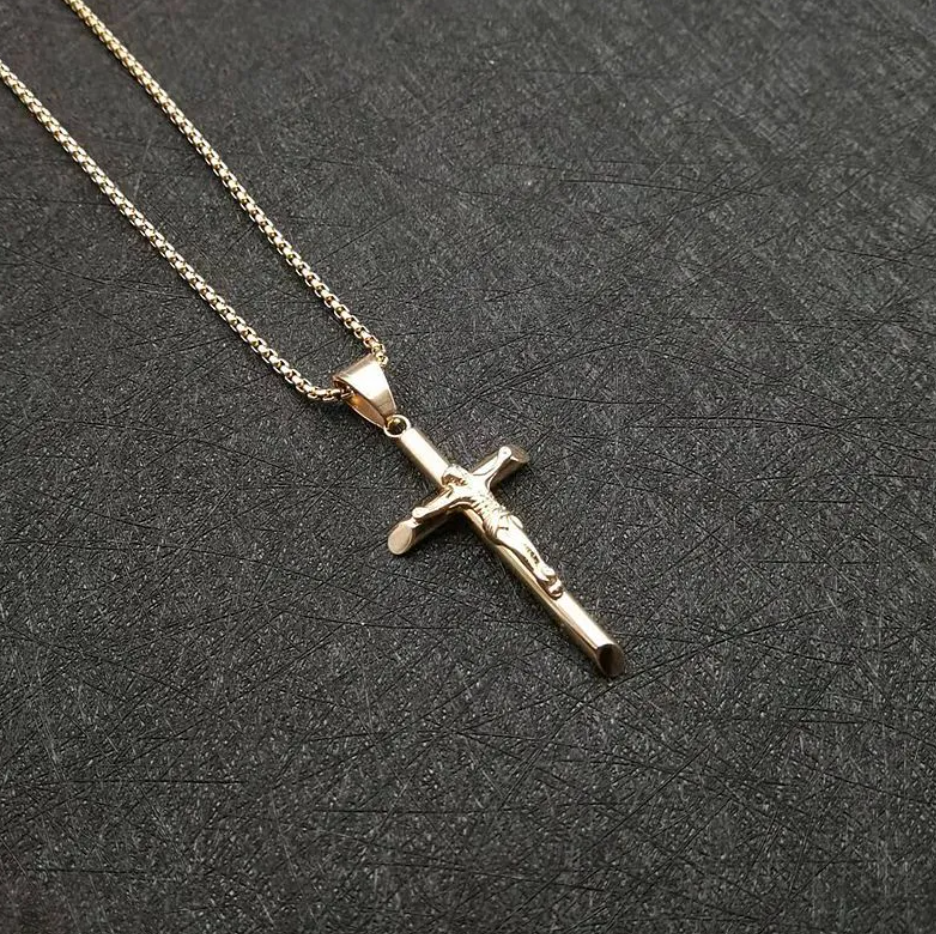 Gold Titanium Steel Crucifix Necklace