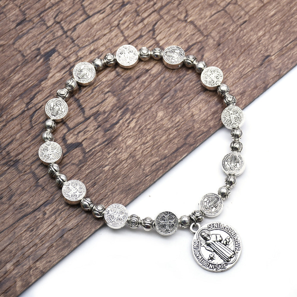 Metal Rose Bead Vatican Cross Bracelet