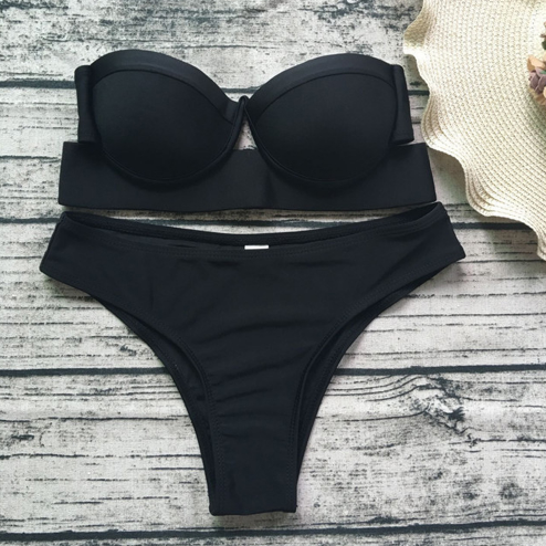 Women's Black Strapless Push-Up Bandeau Bikini Set