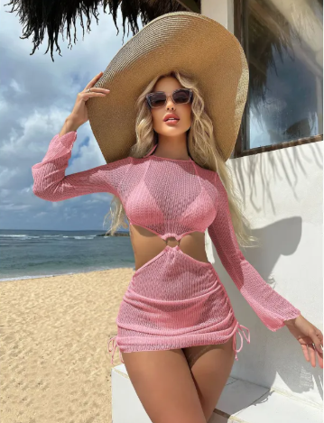 Knit Long-Sleeve Cutout Beach Cover-Up Dress