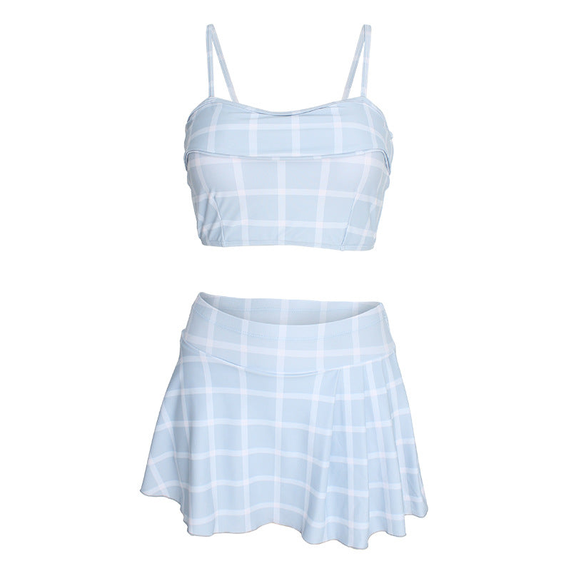 Plaid Crop Top and Swim Skirt Set