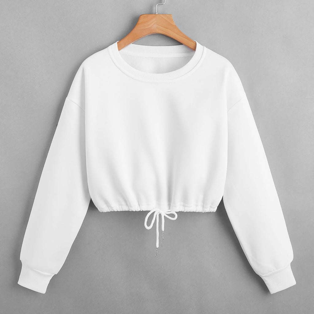 Trendy Women's Long Sleeve Crop Top with Drawstring Hem