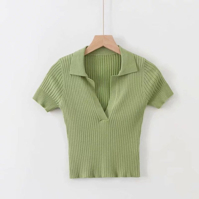 V-Neck Solid Color Short Sleeve Knit Crop Top