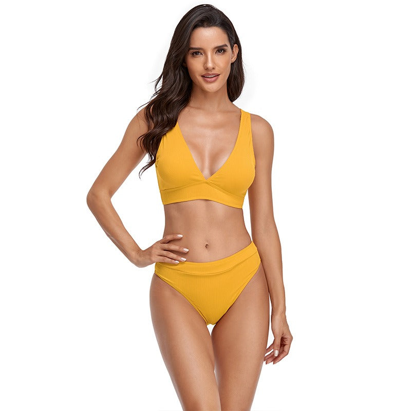 Yellow Ribbed V-Neck Bikini Set