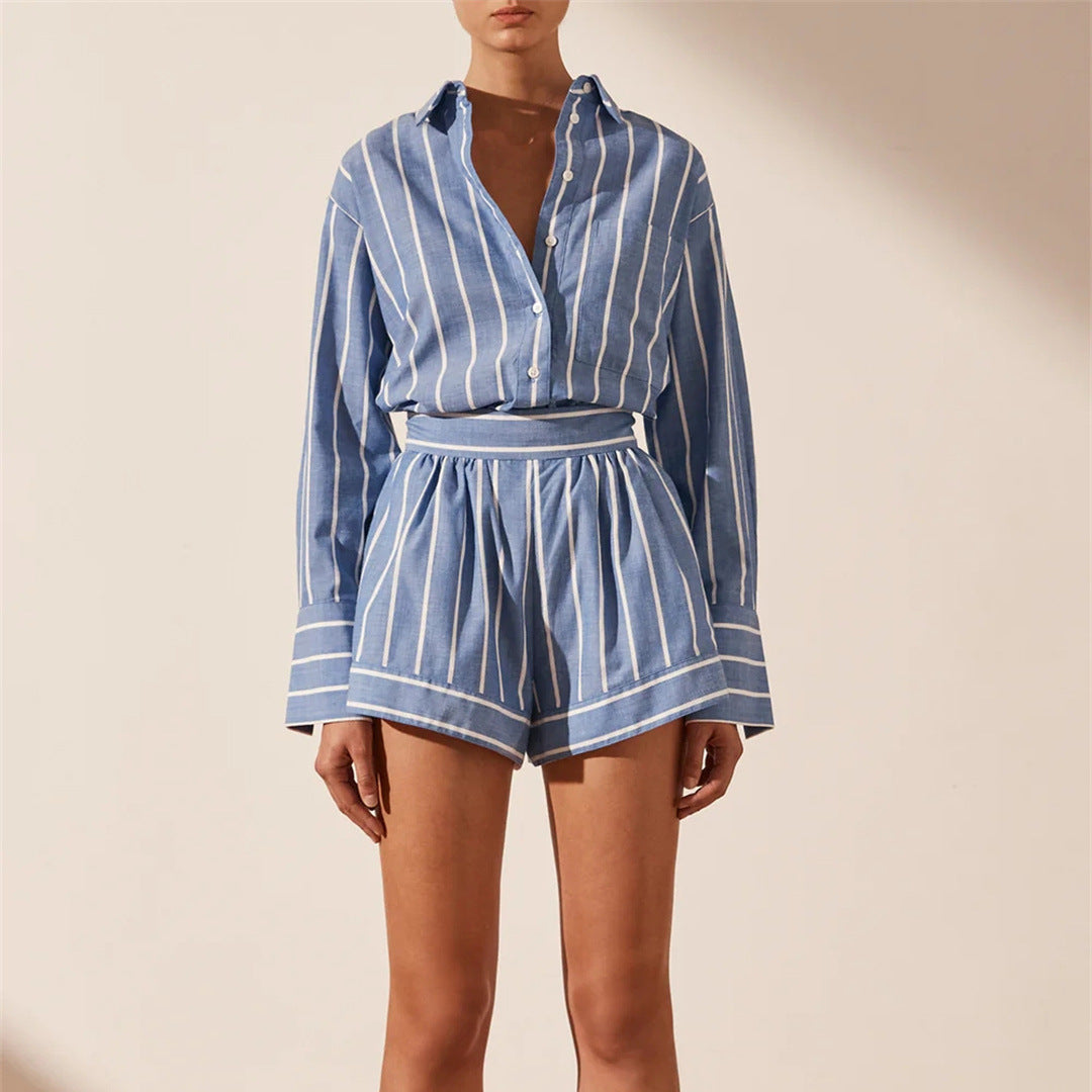 2023 Summer Women's Striped Cotton Shirt & Shorts Set