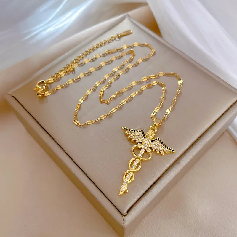 Rotating Dragonfly Snake Stick Angel Wings Necklace | Jewelry