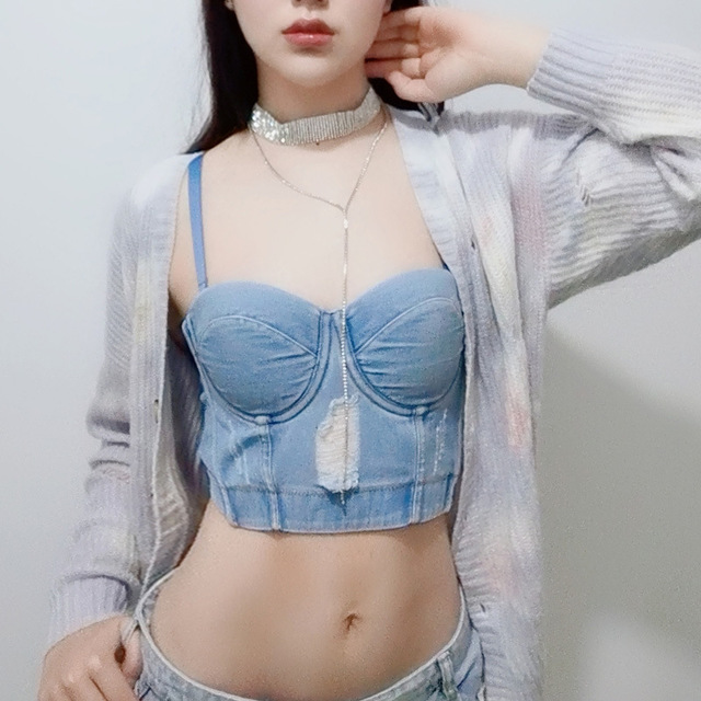 Korean Style Vintage Denim Crop Top for Women