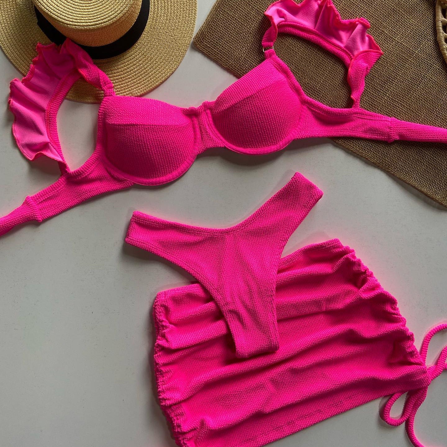 Hot Pink Three-Piece Bikini Set with Skirt
