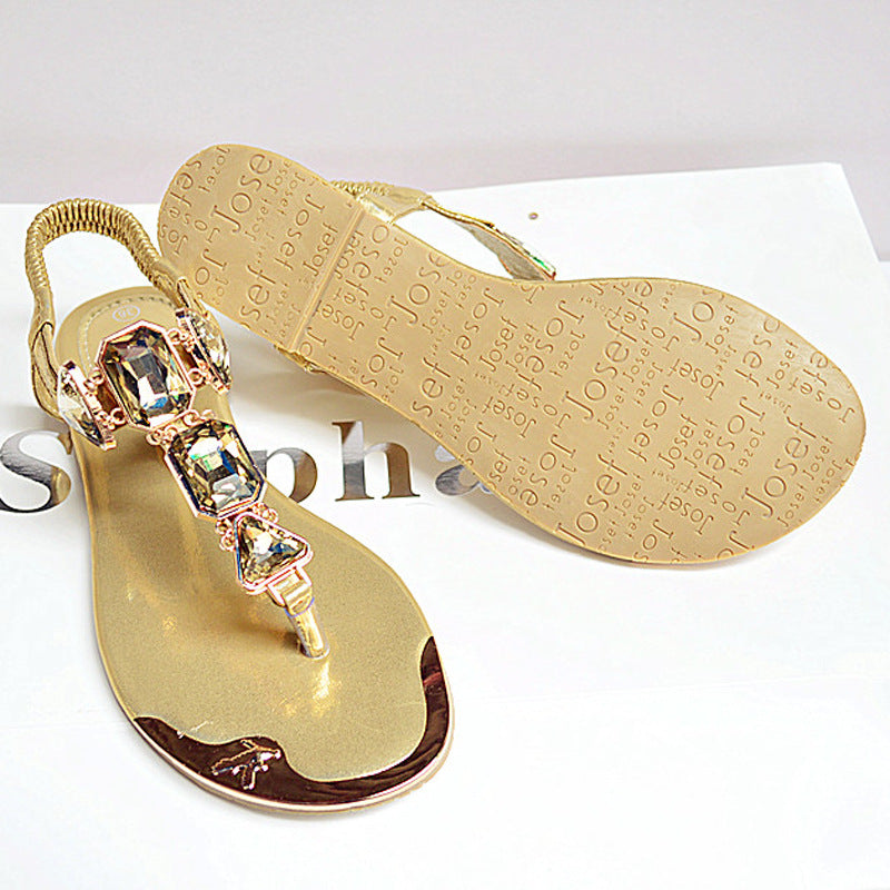 Summer Flat Thong Sandals with Rhinestones and Strap