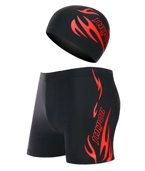 Men's Flame Print Swim Trunks and Cap Set