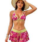 Pink Hibiscus Halter Bikini with Ruffle Skirt Set