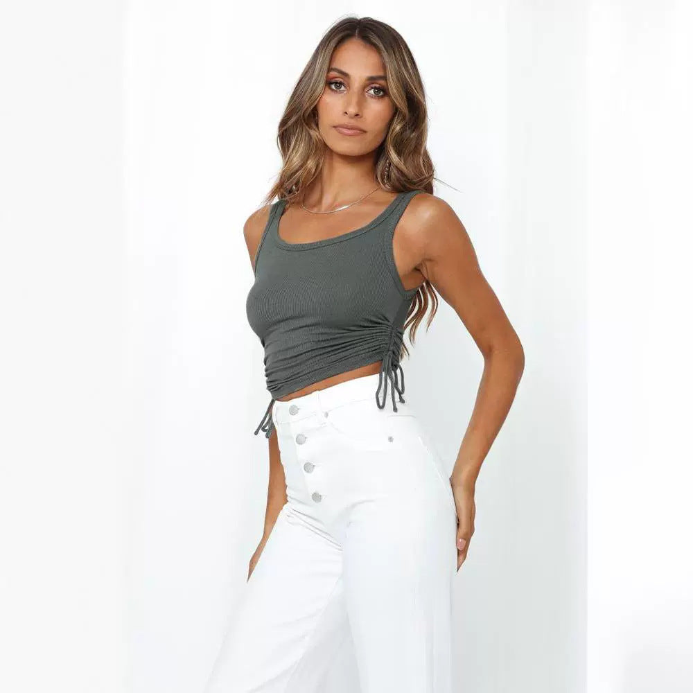 Solid Color Drawstring Crop Top for Summer Fashion