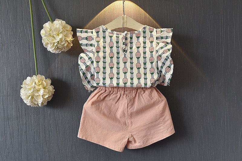 Girls Pineapple Sleeve Shorts Set