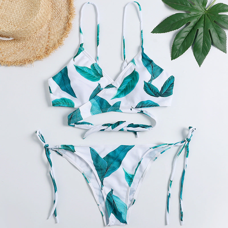 Tropical Leaf Wrap Bikini Set