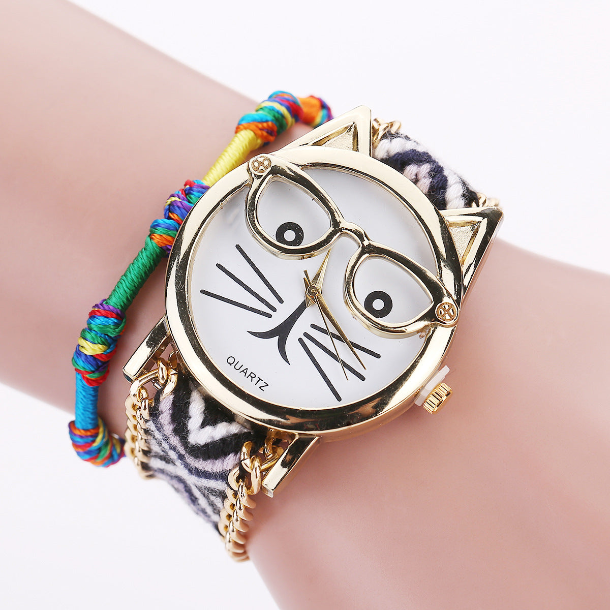 Knitted Yarn Bracelet Watch with Cute Cat Face Design