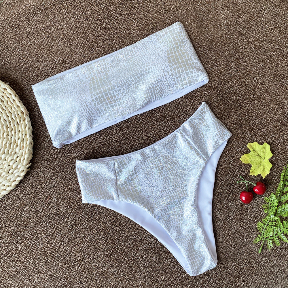 White Croc Print High-Waist Bandeau Bikini Set