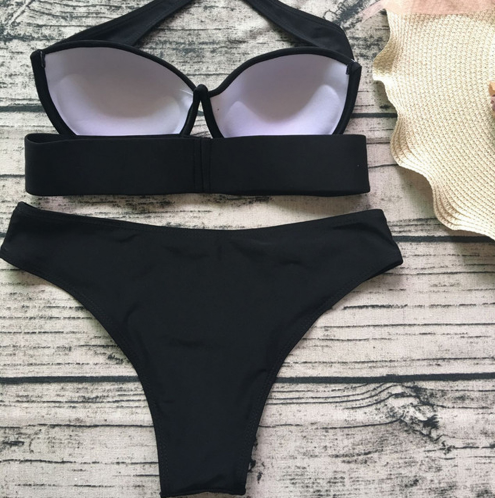 Women's Black Strapless Push-Up Bandeau Bikini Set