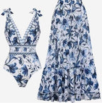 Blue Floral Deep V Tie-Shoulder One-Piece Swimsuit