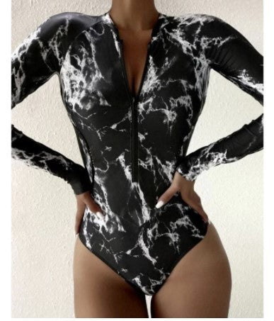 Marble Print Long-Sleeve Zip Rash Guard Swimsuit