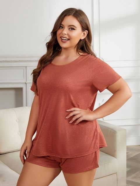 Plus Size Women's Pajama Set - Scoop Neck Tee & Shorts