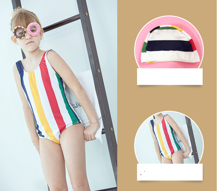 Girls Rainbow Stripe One-Piece Swimsuit with Cap