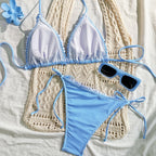 Blue Striped Ruffle Triangle Bikini Set