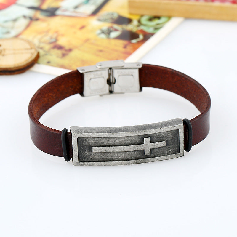 Leather Men's Bracelet with Cross Design