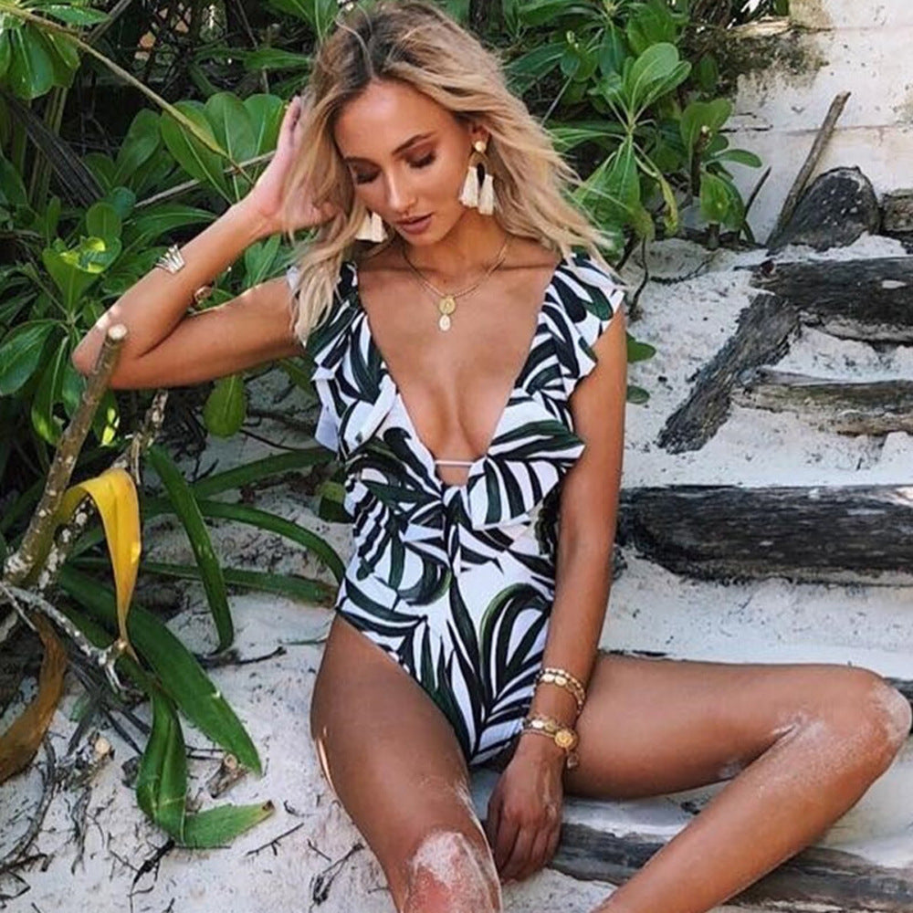 Tropical Leaf Deep V Ruffle One-Piece Swimsuit