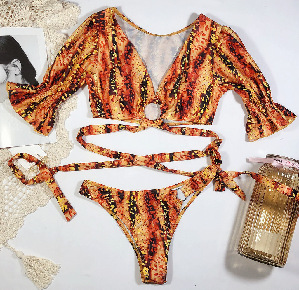 Puff Sleeve Wrap Bikini Set in Leopard Print