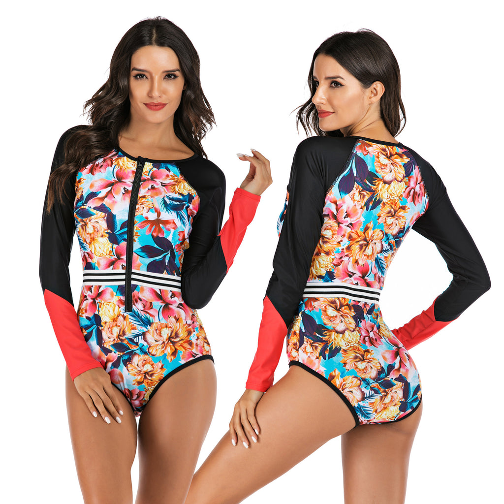 Women's Long-Sleeve Floral Surf One-Piece Swimsuit