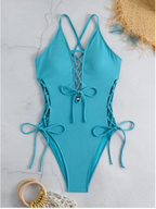 Women's Ribbed Lace-Up Plunge One-Piece Swimsuit